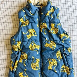 Amazon Essentials Blue Puffer Vest with Yellow Leopard Accent